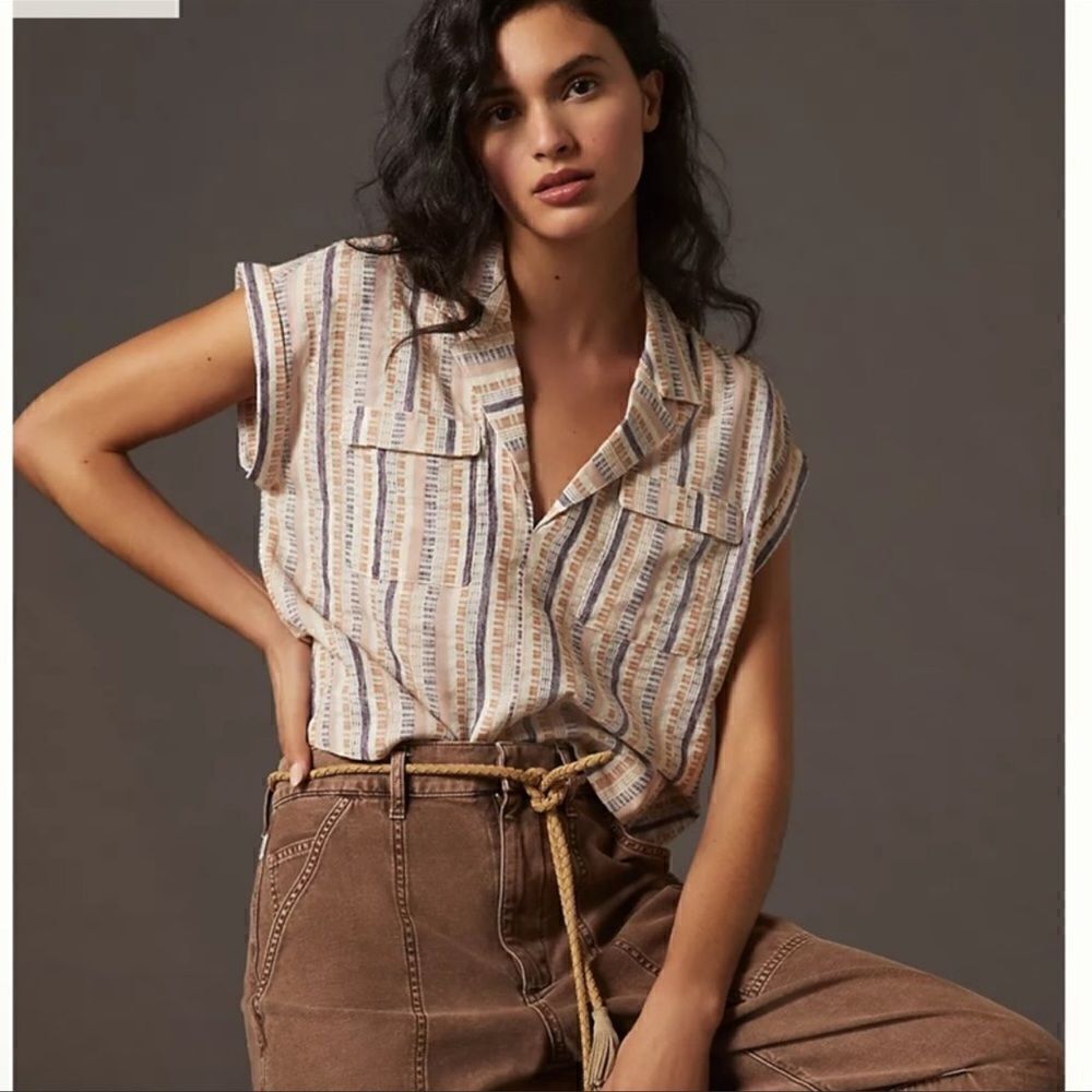 Anthropologie Cropped Stripes Utility Pullover Top NWT Size Small